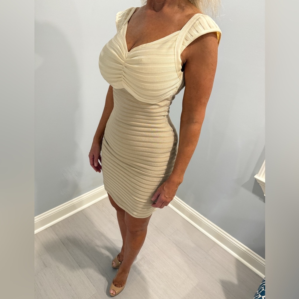 Cream and Tan Sleeveless Dress